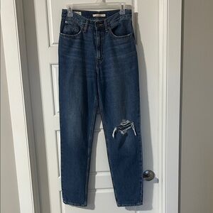 High-Rise Distressed Mom Jeans - Dark Blue Denim